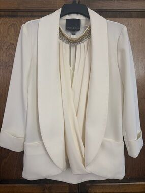 Harlowe & Graham Ivory Draped Open-Front Blazer